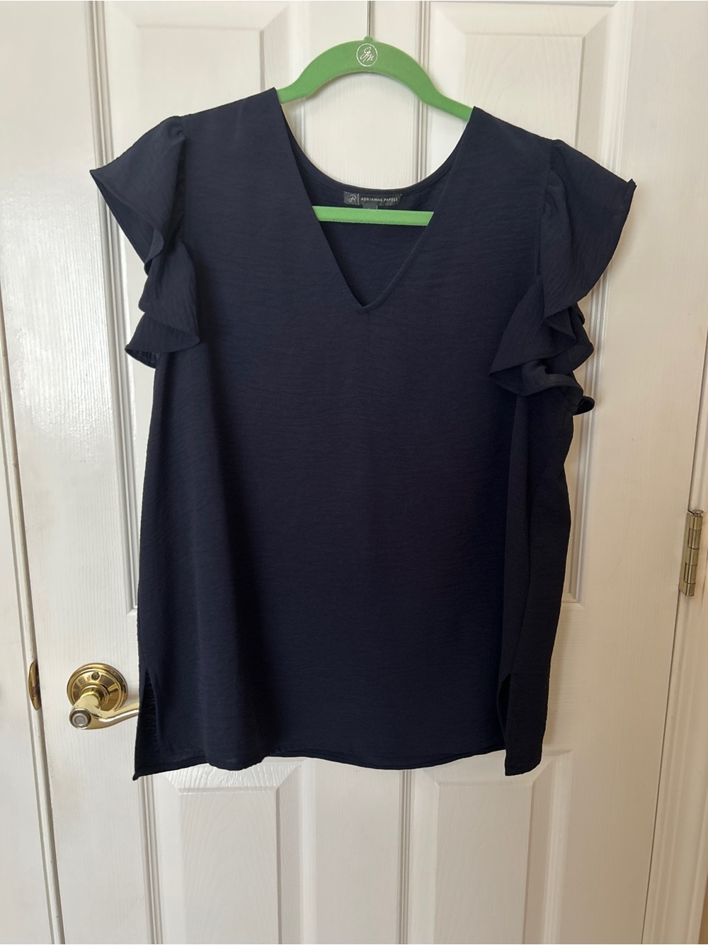 Adrianna Papell Navy Ruffle Sleeve V-Neck Satin Top - Size L
